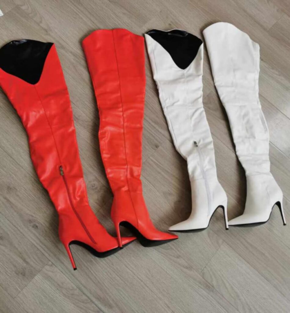 White Red high thigh boots
